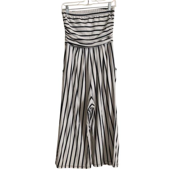 J For Justify Strapless Pockets Black and White Striped Wide Leg Romper Jumpsuit - Picture 2 of 10
